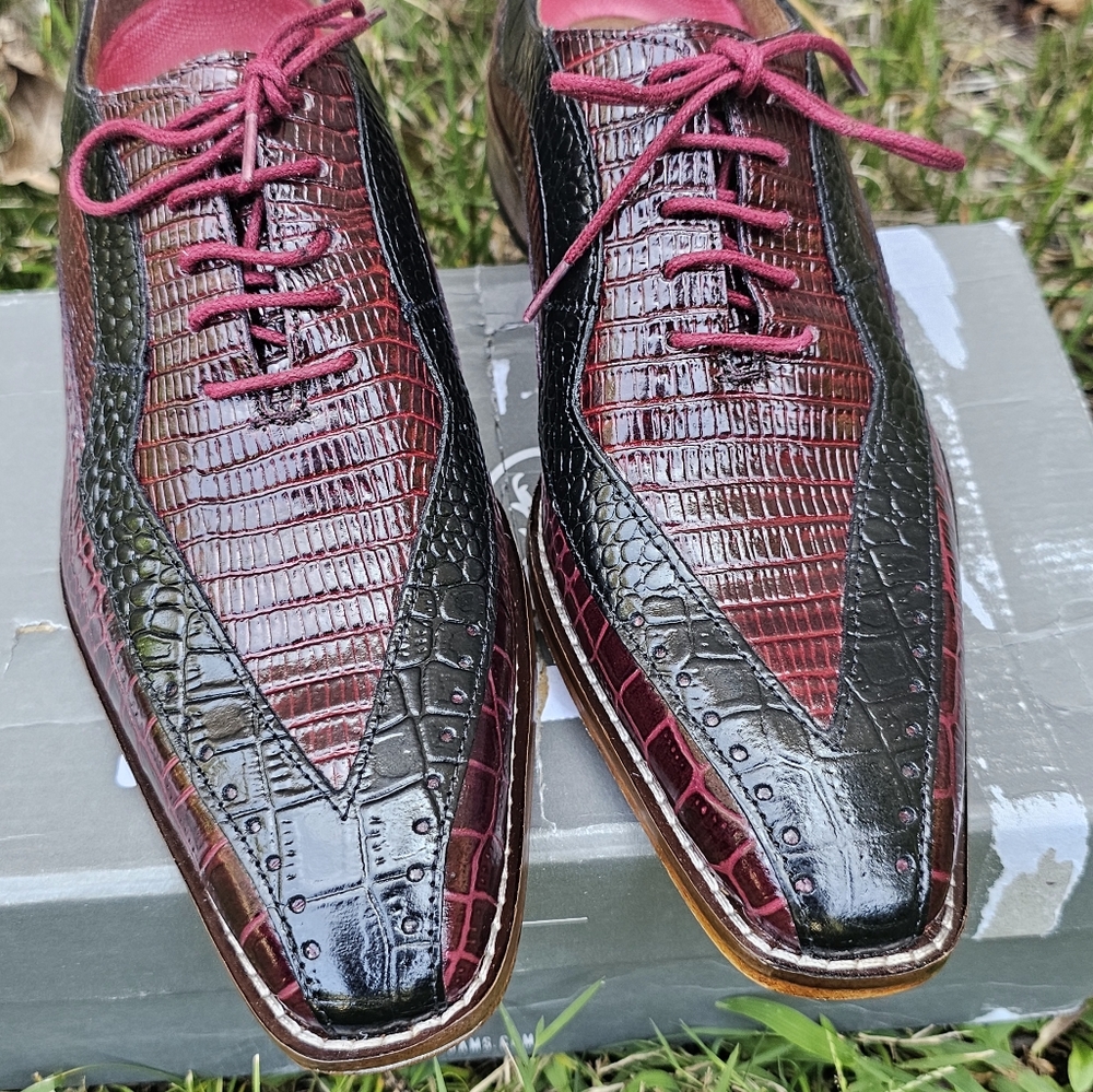 Mens Size 7M Prom Wedding Burgundy and Black Oxford Dress Shoes Snakeskin - Picture 13 of 16